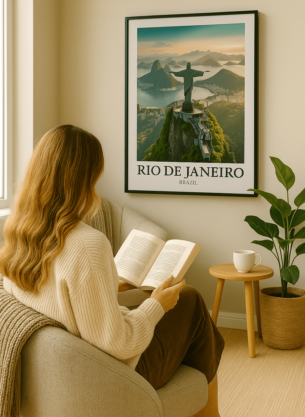 Framed vintage-style poster of Christ the Redeemer overlooking Rio de Janeiro, Brazil — cover image for the Vintage Posters collection.
