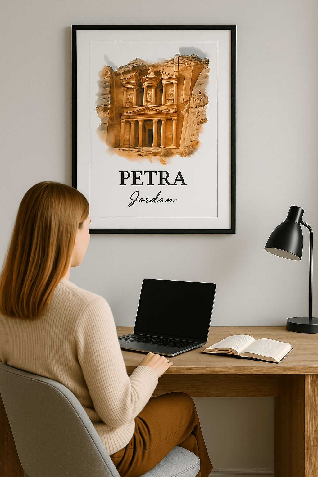 Watercolor-style framed artwork of Petra, Jordan, with soft earthy tones — cover image for the Watercolor Posters collection.