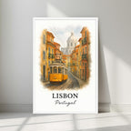 Watercolor-style print of the historic Lisbon street scene and tram in a minimalist white frame. Captures the nostalgic charm of Portugal's capital.
