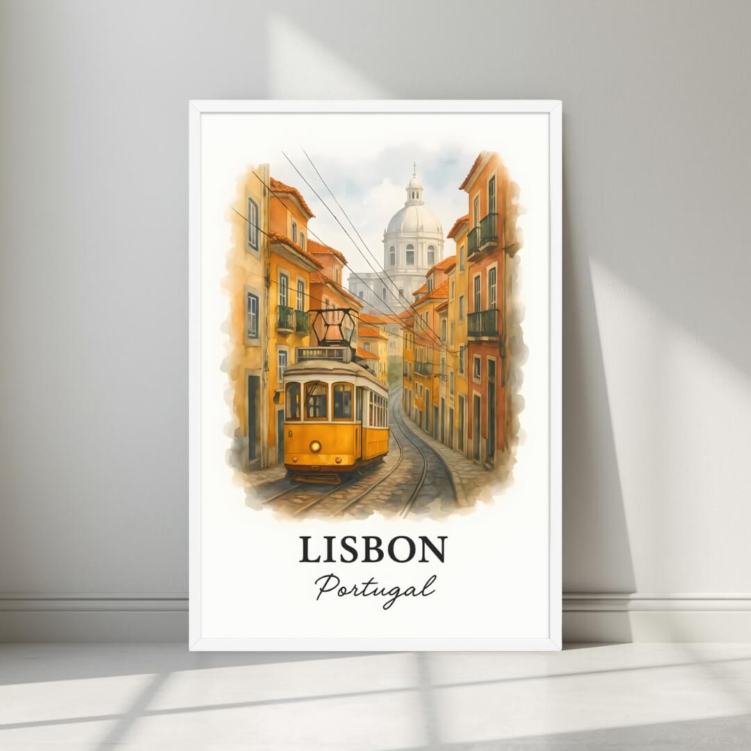 Watercolor-style print of the historic Lisbon street scene and tram in a minimalist white frame. Captures the nostalgic charm of Portugal's capital.