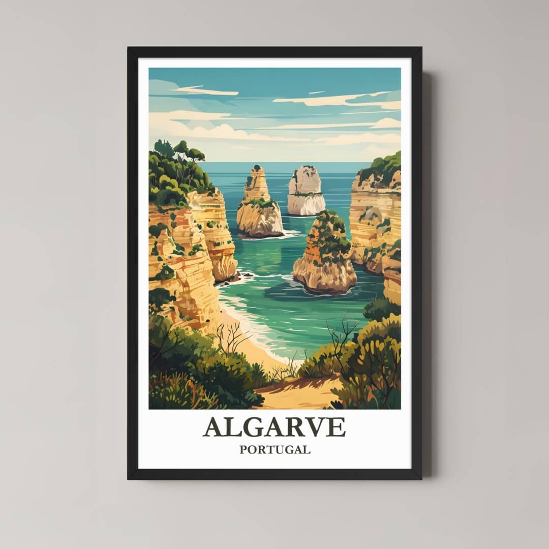 A framed illustration of the Algarve, Portugal, with a classic black frame, featuring coastal cliffs and a beach, styled in a modern interior.