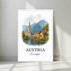 Watercolor-style print of the serene Austrian lake village and mountain backdrop in a minimalist white frame. Captures the tranquil beauty of the Alps.