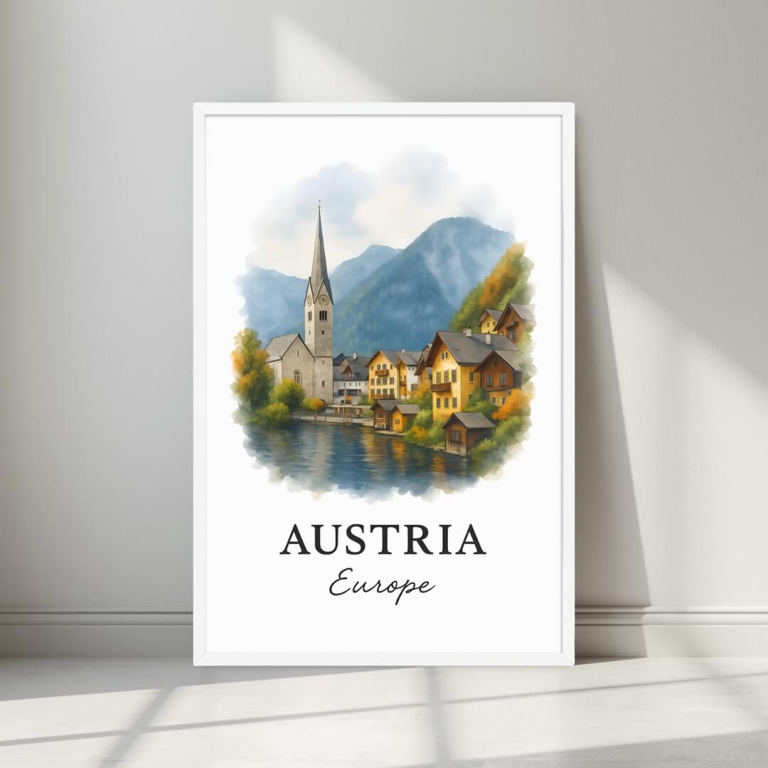 Watercolor-style print of the serene Austrian lake village and mountain backdrop in a minimalist white frame. Captures the tranquil beauty of the Alps.