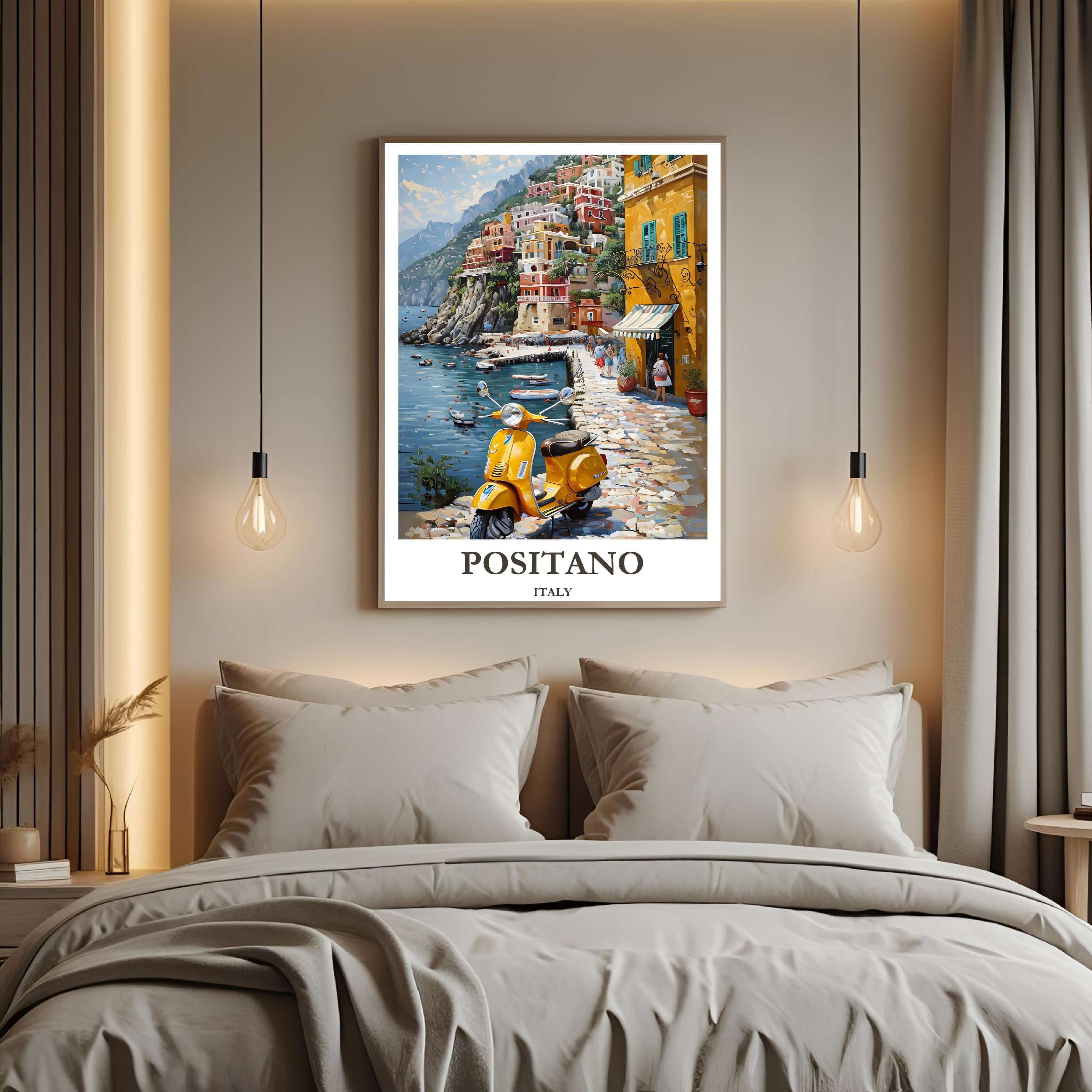A framed print of the Positano village illustration, featuring a vintage travel poster aesthetic that captures the retro charm and sunlit colors of Italy.