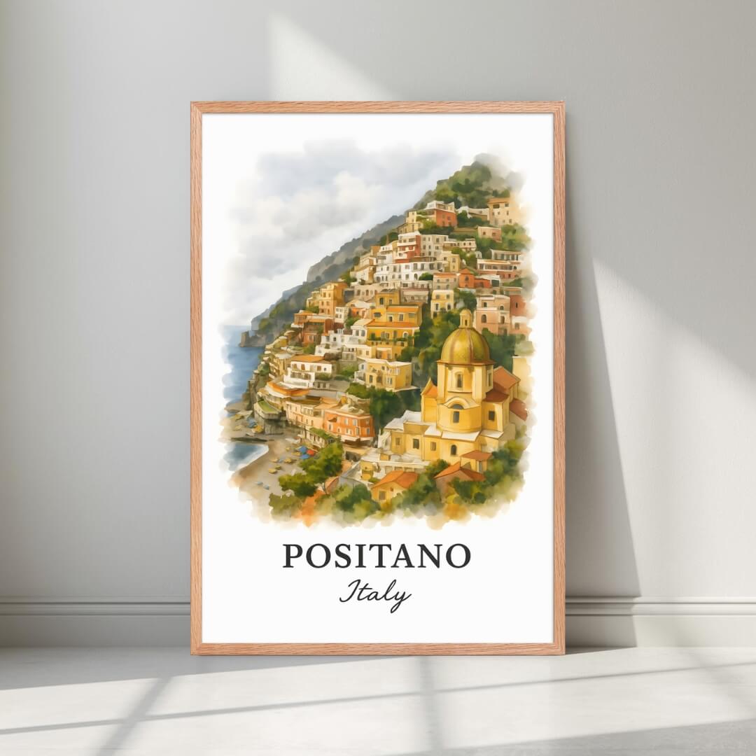 Framed Positano art in a natural Red Oak wood frame. Emphasizes the warm, terracotta and yellow tones of the village.