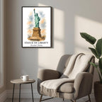 Framed Statue of Liberty print displayed as part of a curated global gallery wall. Shows seamless integration into luxury decor collections.