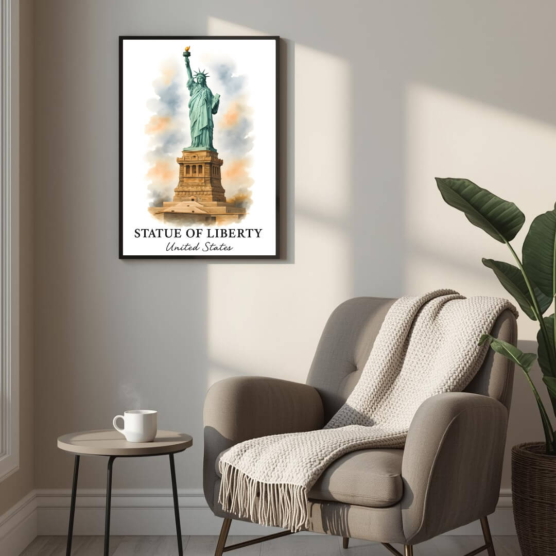 Framed Statue of Liberty print displayed as part of a curated global gallery wall. Shows seamless integration into luxury decor collections.