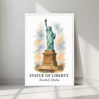 Watercolor-style print of the majestic Statue of Liberty in a minimalist white frame. Captures the essence of hope and democracy.