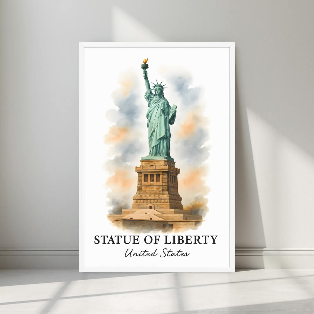 Watercolor-style print of the majestic Statue of Liberty in a minimalist white frame. Captures the essence of hope and democracy.