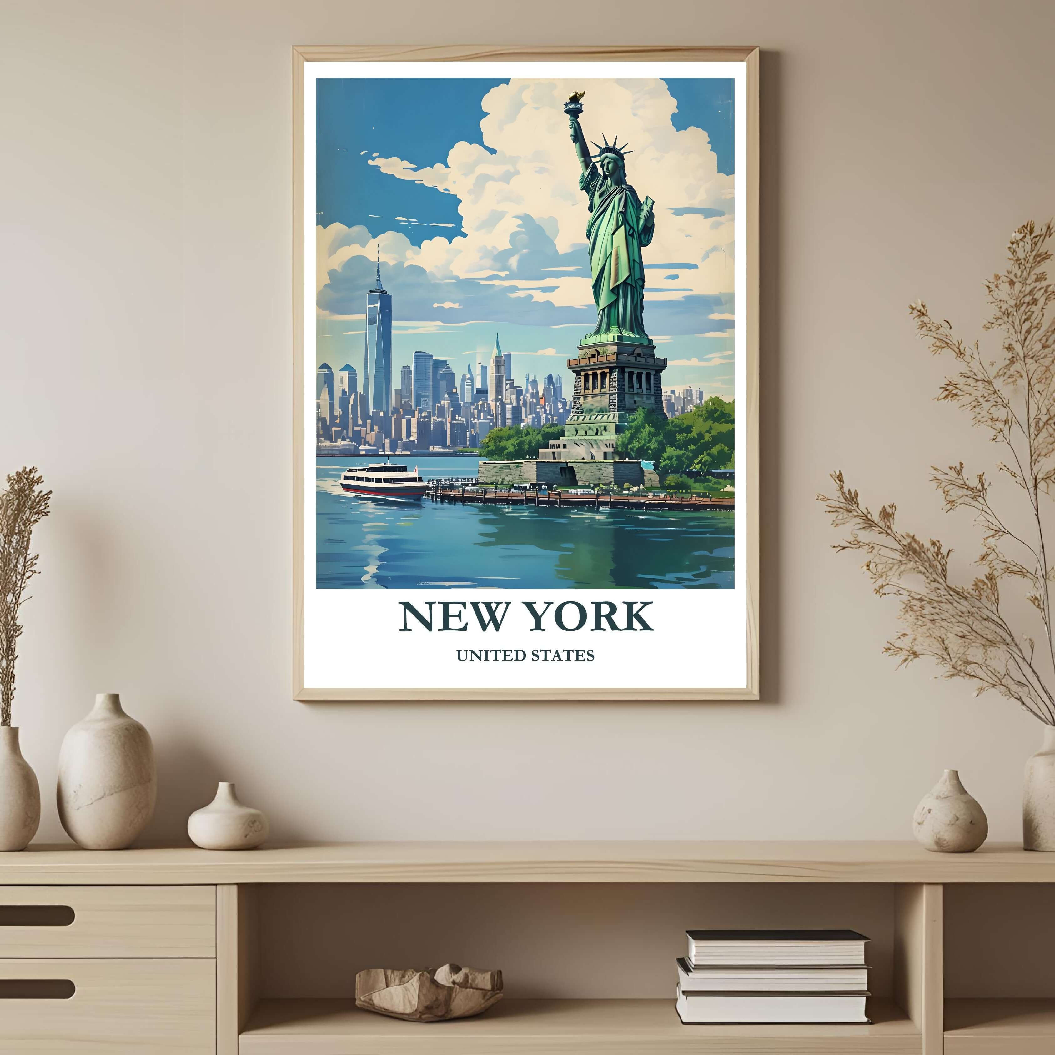 A framed art print depicting the vibrant New York City landmarks, styled to complement a sophisticated, modern, and high-energy interior.
