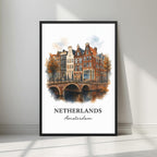 Framed art print of the iconic Amsterdam canal houses and canal bridge in a sleek black Ayous wood frame. Ideal for luxury Dutch or European decor.