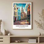 A framed art print of an Amsterdam street scene, styled in a cozy, hygge-inspired room with soft lighting and natural elements.