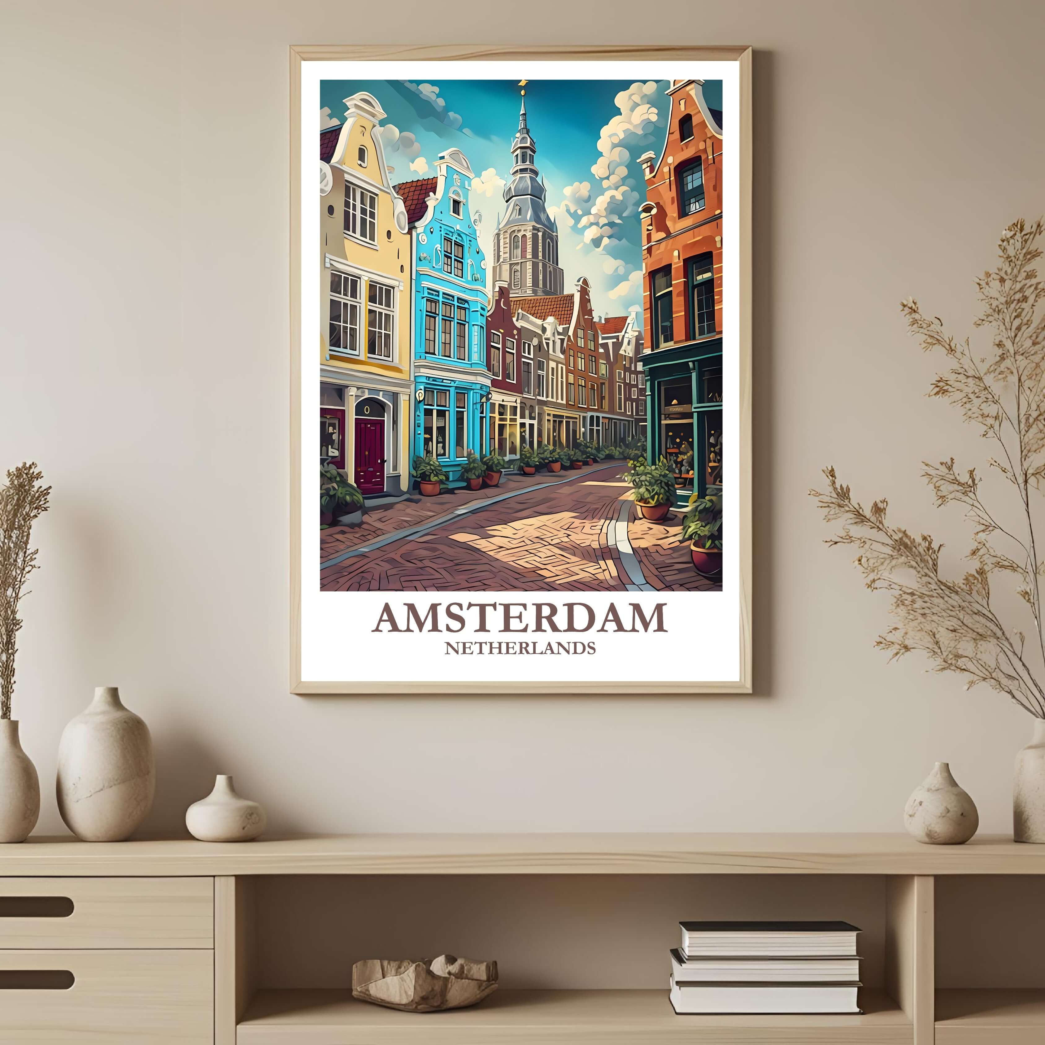 A framed art print of an Amsterdam street scene, styled in a cozy, hygge-inspired room with soft lighting and natural elements.