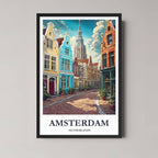A framed illustration of an Amsterdam street with colorful canal houses and a classic black frame, styled in a modern interior.