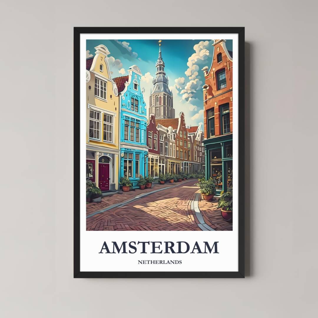 A framed illustration of an Amsterdam street with colorful canal houses and a classic black frame, styled in a modern interior.