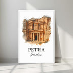 Watercolor-style print of the magnificent Petra facade carved into rose-red stone, in a minimalist white frame. Captures the majesty of the "Lost City."