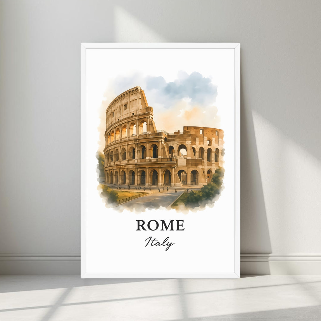 Watercolor-style print of the majestic Colosseum and Roman architecture in a minimalist white frame. Captures the grandeur of the Roman Empire.