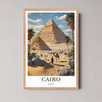 A framed illustration of the Pyramids with a rustic red oak wood frame, highlighting the warm, historical tones of the desert.