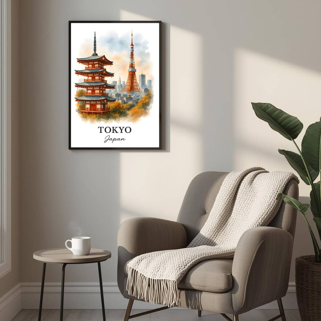 Back view or detail shot of the framed print, showing the handcrafted Ayous wood frame and a small label mentioning eco-conscious craftsmanship and sustainability.