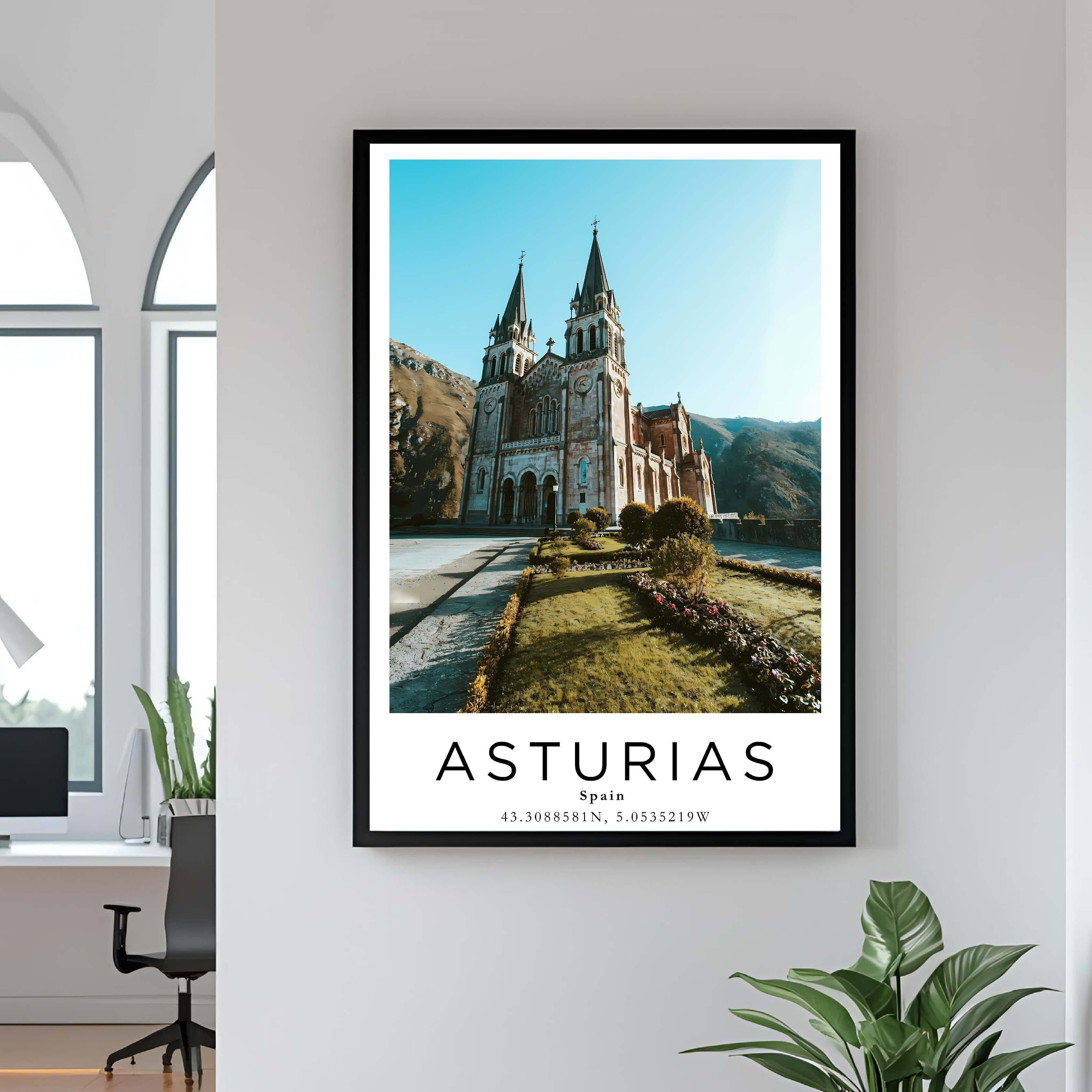 Premium framed Asturias cathedral poster on a clean wall, luxury travel wall art print for stylish interiors.