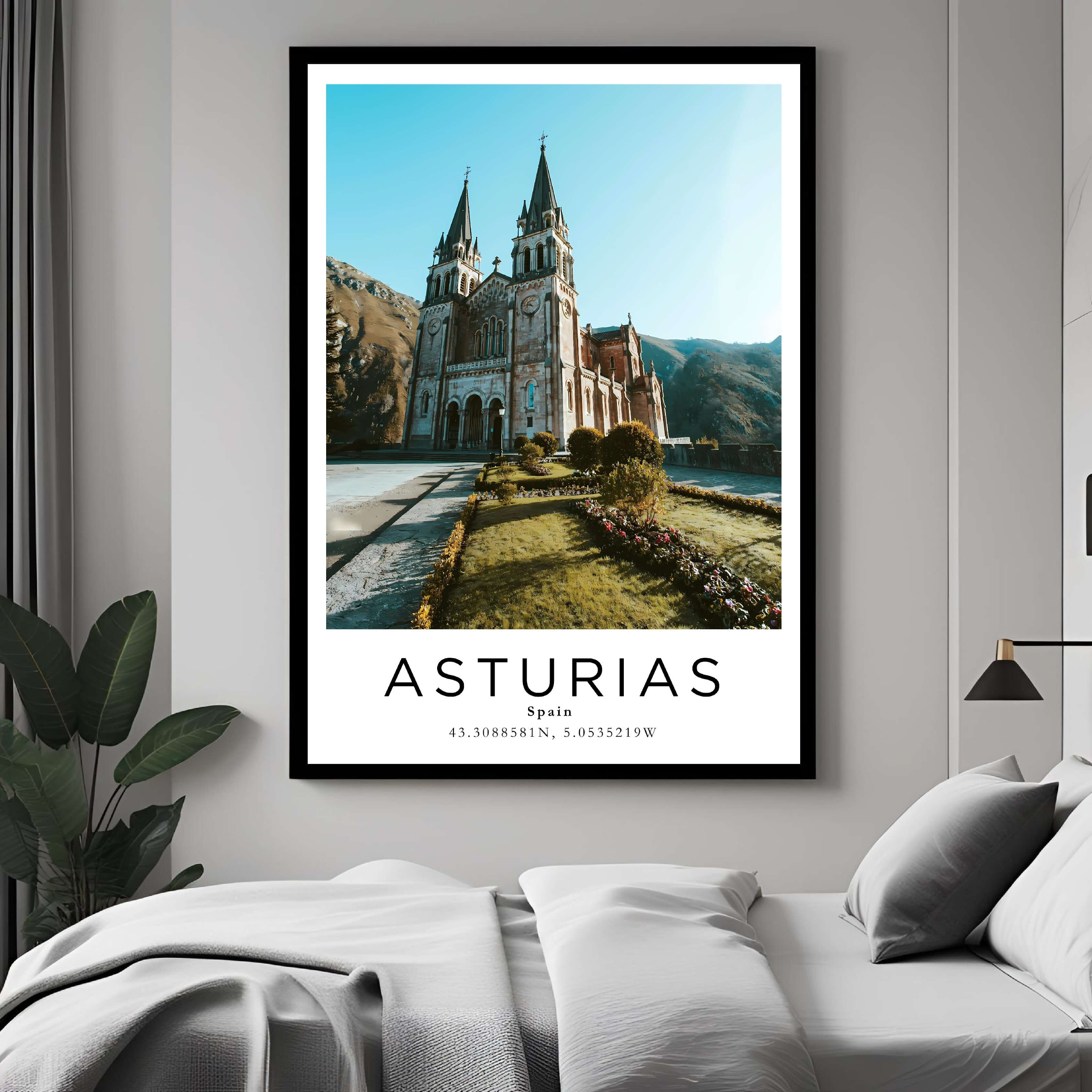 Framed Asturias cathedral poster with red oak frame, elegant Spain wall décor print