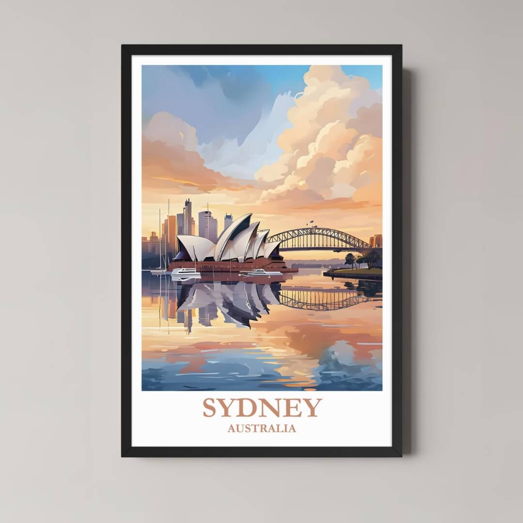 A framed photo of the Auckland skyline with a classic black frame, featuring the Sky Tower, styled in a modern interior.