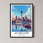 A framed illustration of the Auckland skyline with a classic black frame, featuring the Sky Tower, styled in a modern interior.