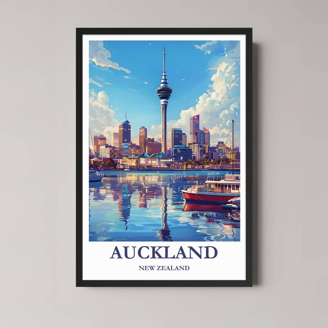 A framed illustration of the Auckland skyline with a classic black frame, featuring the Sky Tower, styled in a modern interior.