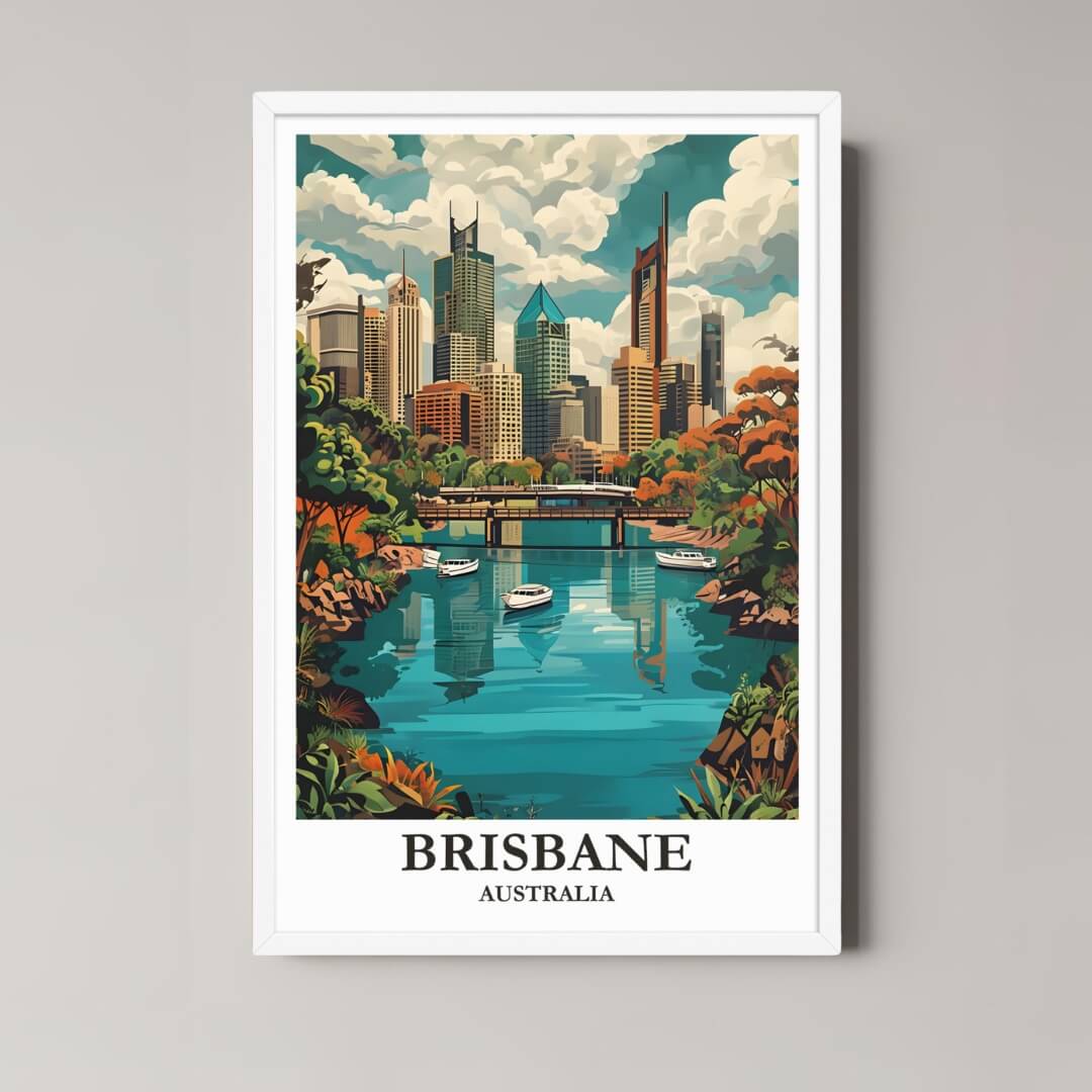 A framed art print of the Brisbane cityscape illustration with a minimalist white frame, perfect for a clean, coastal-themed room.