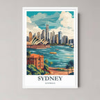 A framed art print of the Sydney cityscape with a minimalist white frame, emphasizing the bright blue water and contemporary architecture.