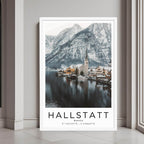A framed art print of Hallstatt's scenic lakeside village with a clean white frame, perfect for a minimalist decor style.