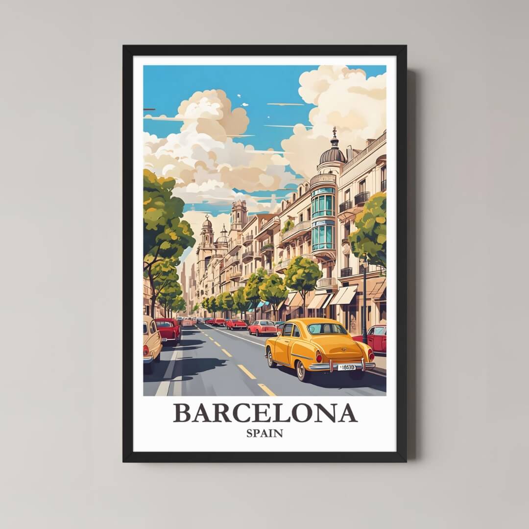 A framed, vibrant illustration of a Barcelona street scene with a classic black frame, featuring a vintage yellow car and classic Spanish architecture.