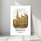 Watercolor-style print of the historic Brussels Grand-Place and Town Hall spire in a minimalist white frame. Captures the UNESCO World Heritage site's elegance.