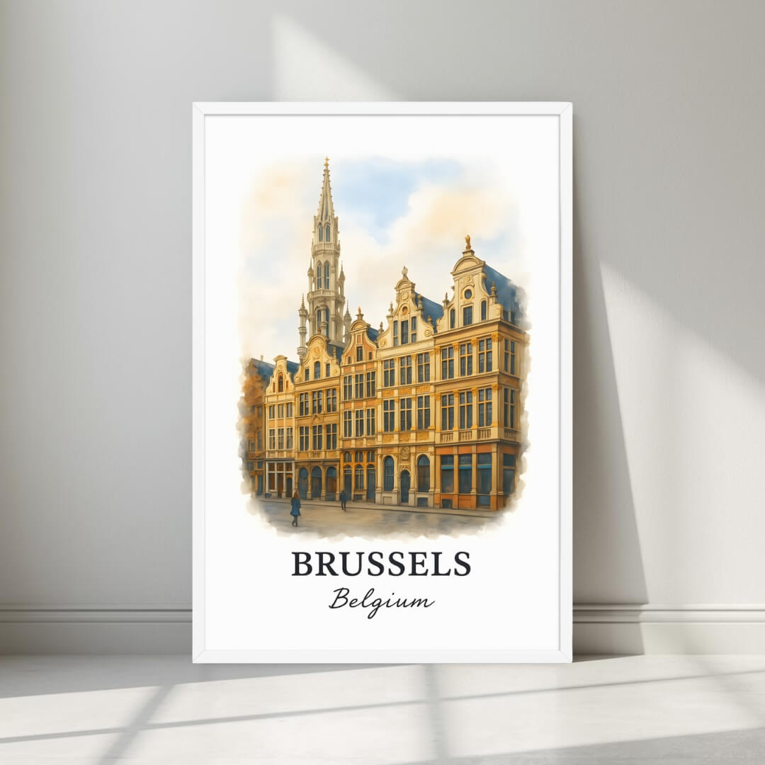 Watercolor-style print of the historic Brussels Grand-Place and Town Hall spire in a minimalist white frame. Captures the UNESCO World Heritage site's elegance.