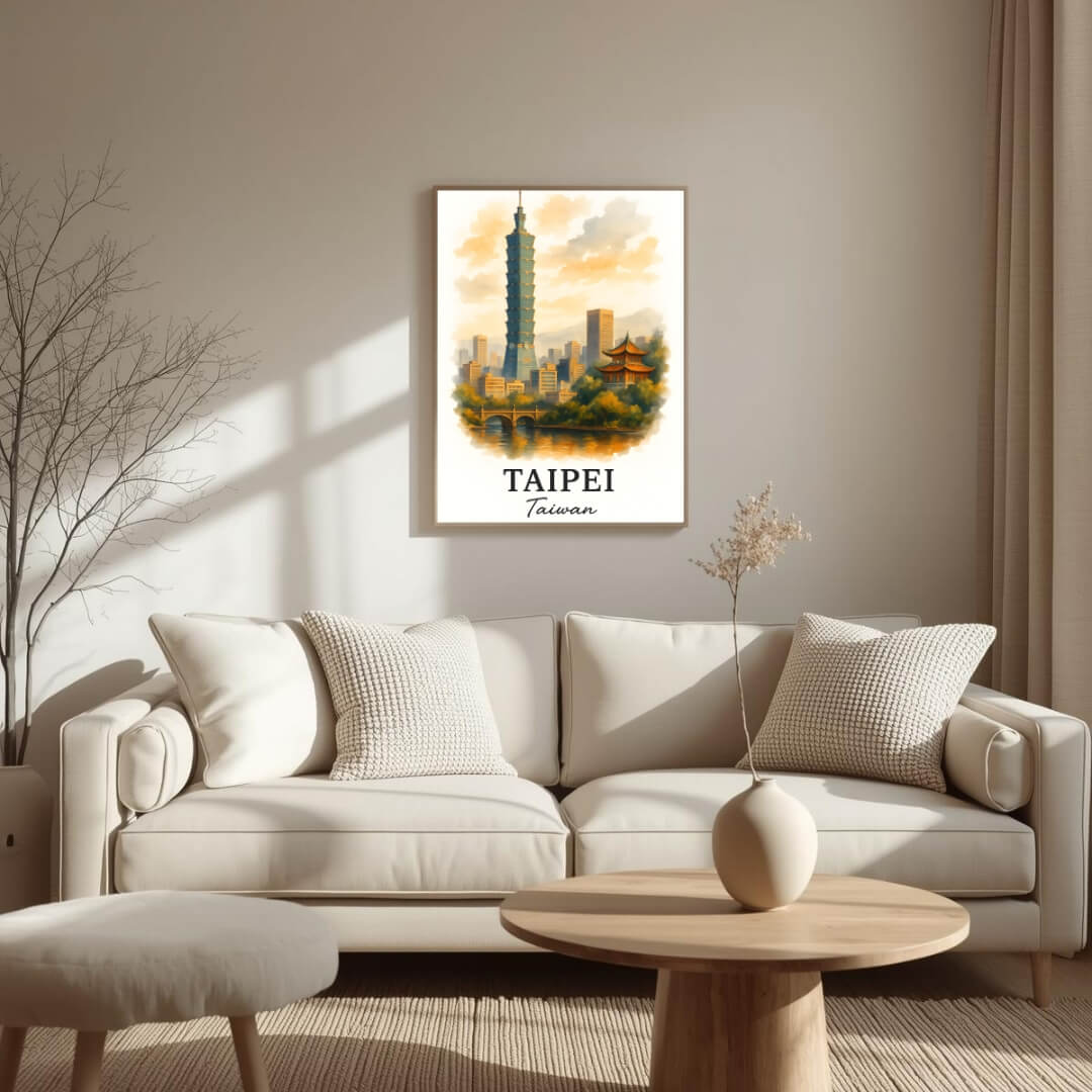 Framed art print of Taipei with its warm, orange sunset tones resting on a nightstand or wall, perfect for a serene bedroom atmosphere.