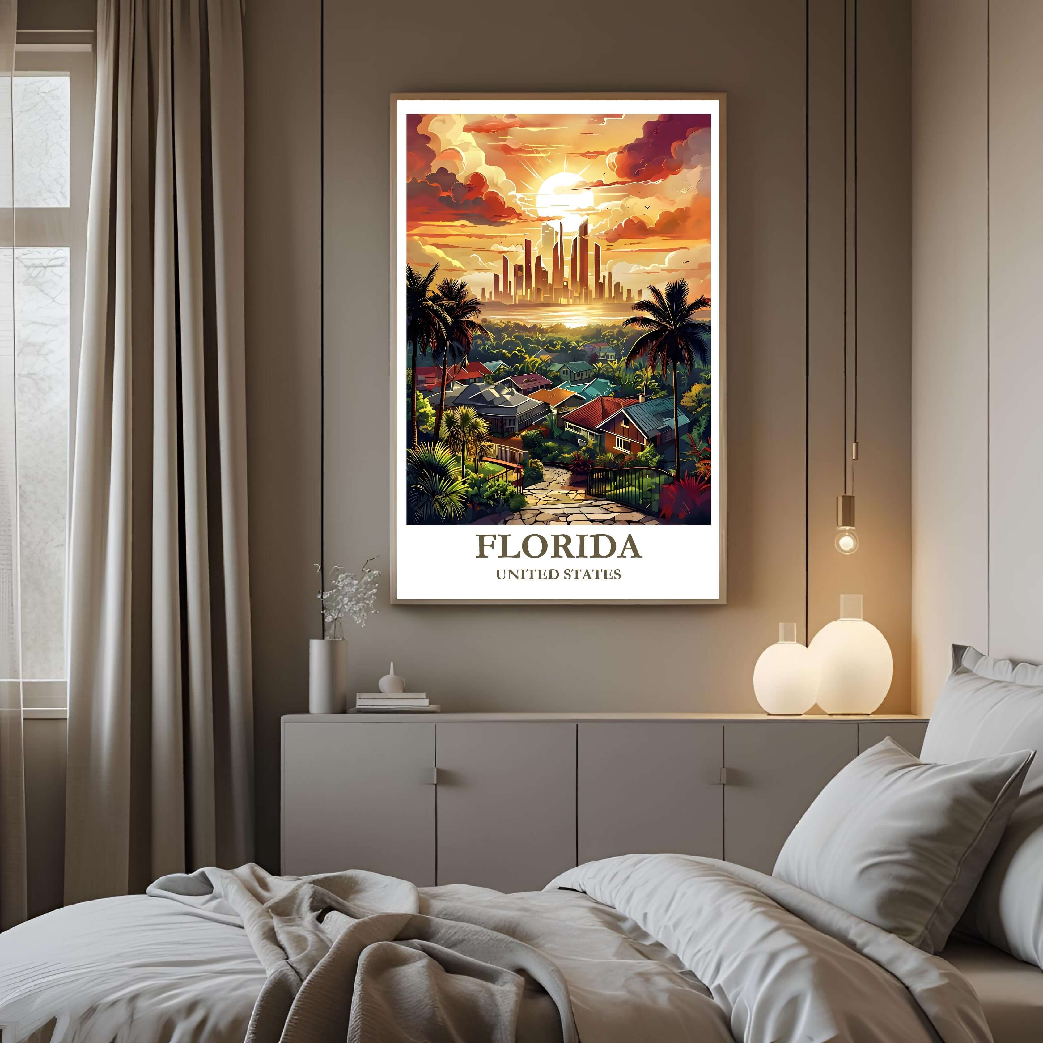 A framed art print of the Florida sunset decorating a bedroom wall, creating a warm, relaxed atmosphere.
