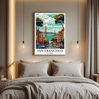 The framed San Francisco illustration hung above a luxury, minimalist bed, utilizing the vibrant colors to create a serene and travel-inspired focal point for modern bedroom decor.