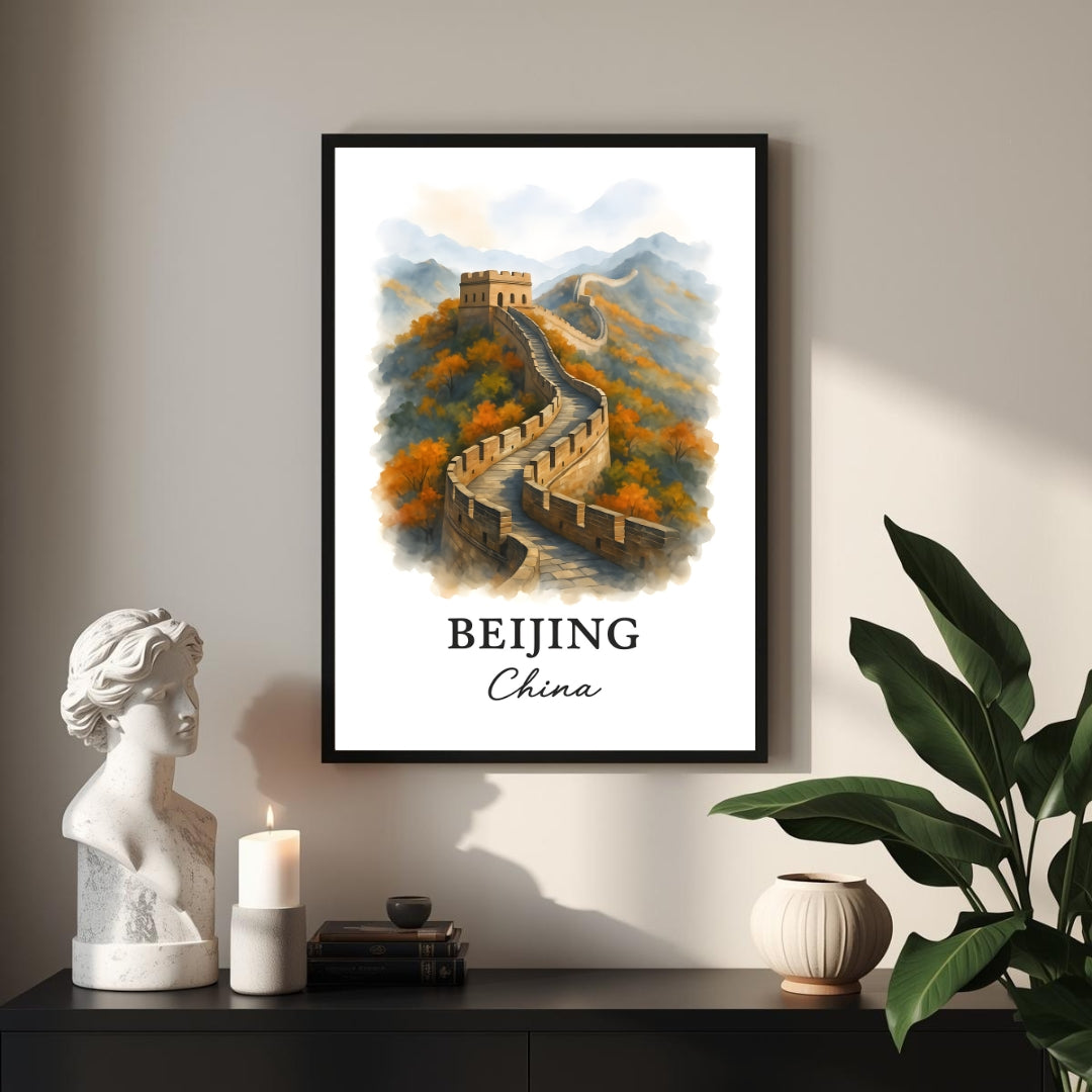 Framed Great Wall print displayed as part of a curated gallery wall with other global prints. Shows seamless integration into luxury decor collections.