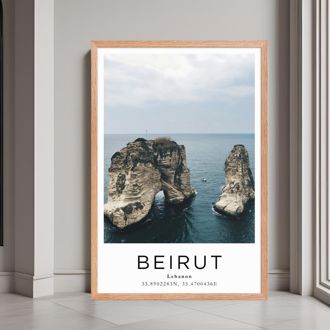 A framed landscape print of Beirut, Lebanon, with a classic black frame that adds a bold and elegant touch to the decor.