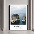  A framed poster of Raouche Rocks in Beirut, Lebanon, featuring a stylish white frame and a clean, modern aesthetic.