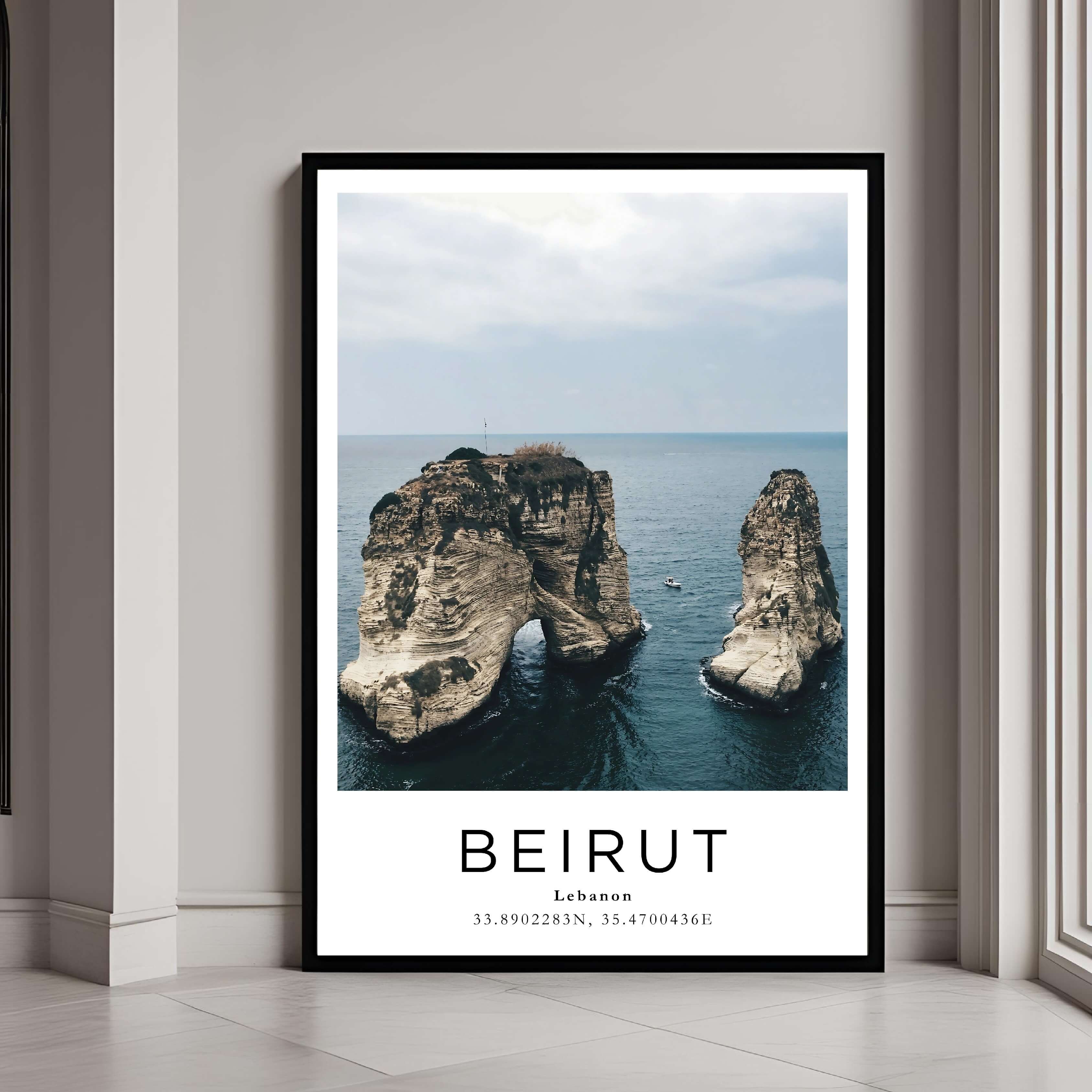  A framed poster of Raouche Rocks in Beirut, Lebanon, featuring a stylish white frame and a clean, modern aesthetic.