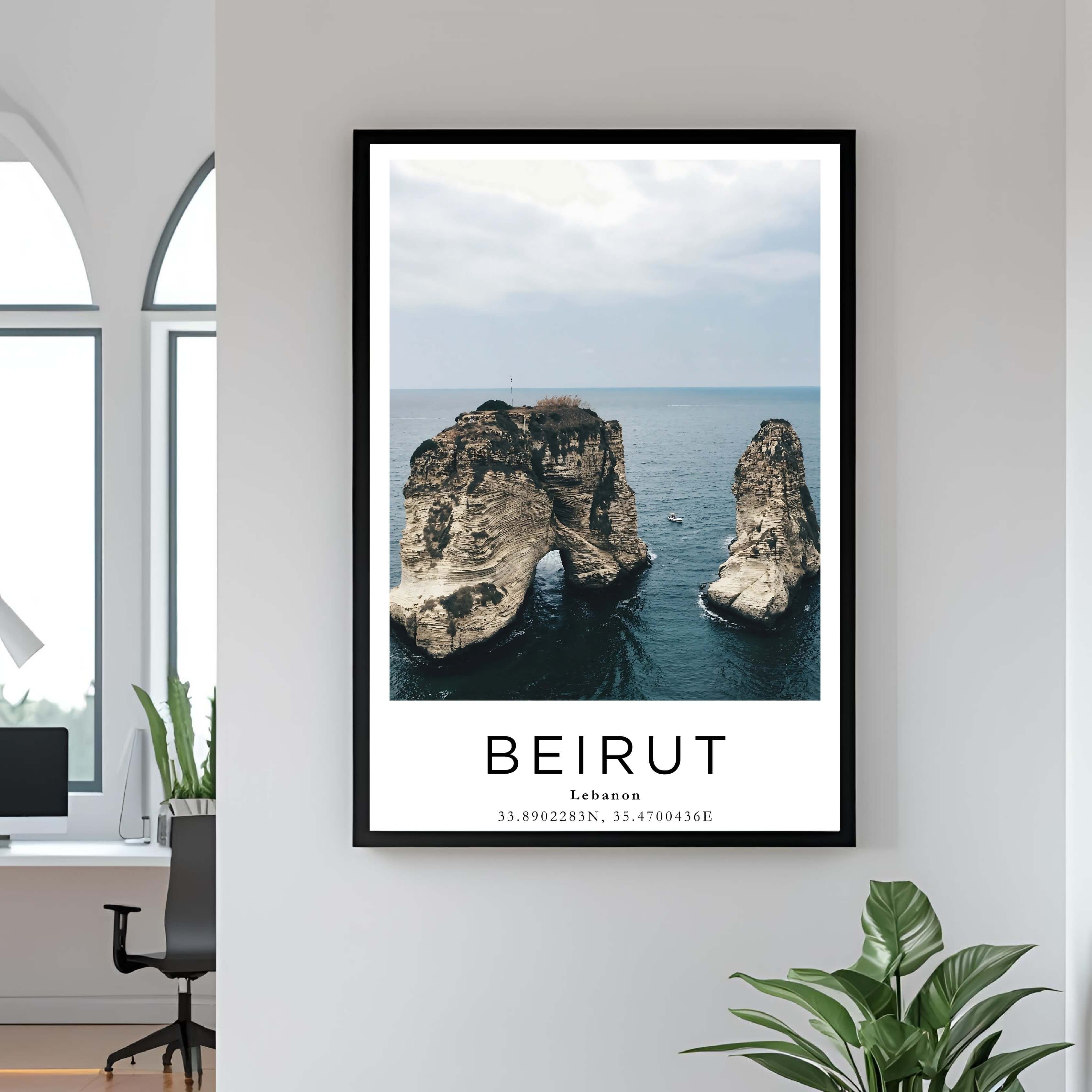  A framed art print of Beirut’s iconic Raouche Rocks, with a warm, rustic red oak frame that complements the natural coastal scenery.