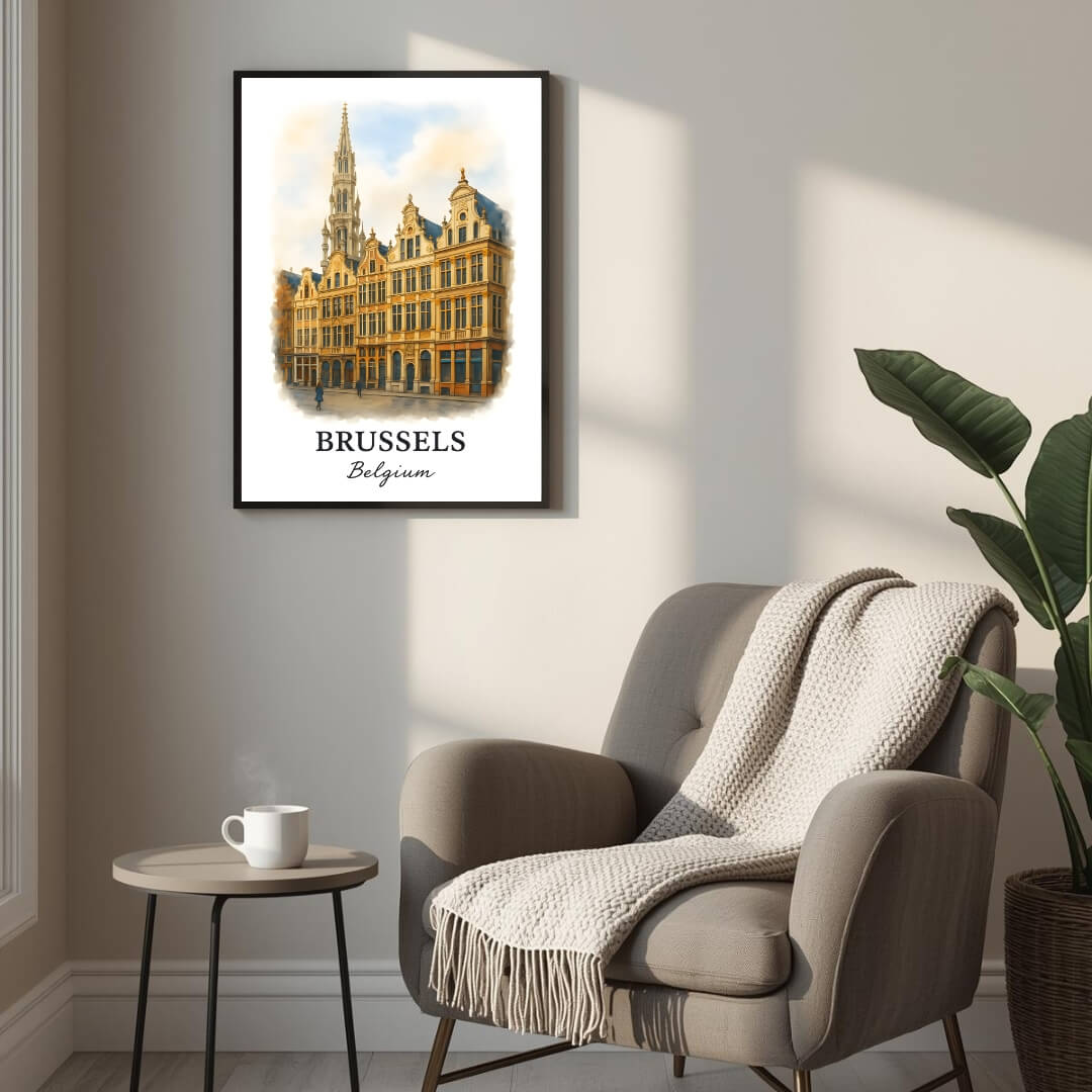 Framed Grand-Place print displayed as part of a curated European gallery wall. Shows seamless integration into luxury decor collections.