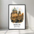 Framed art print of the majestic Berliner Dom on the River Spree in a sleek black Ayous wood frame. Ideal for luxury German or European decor.