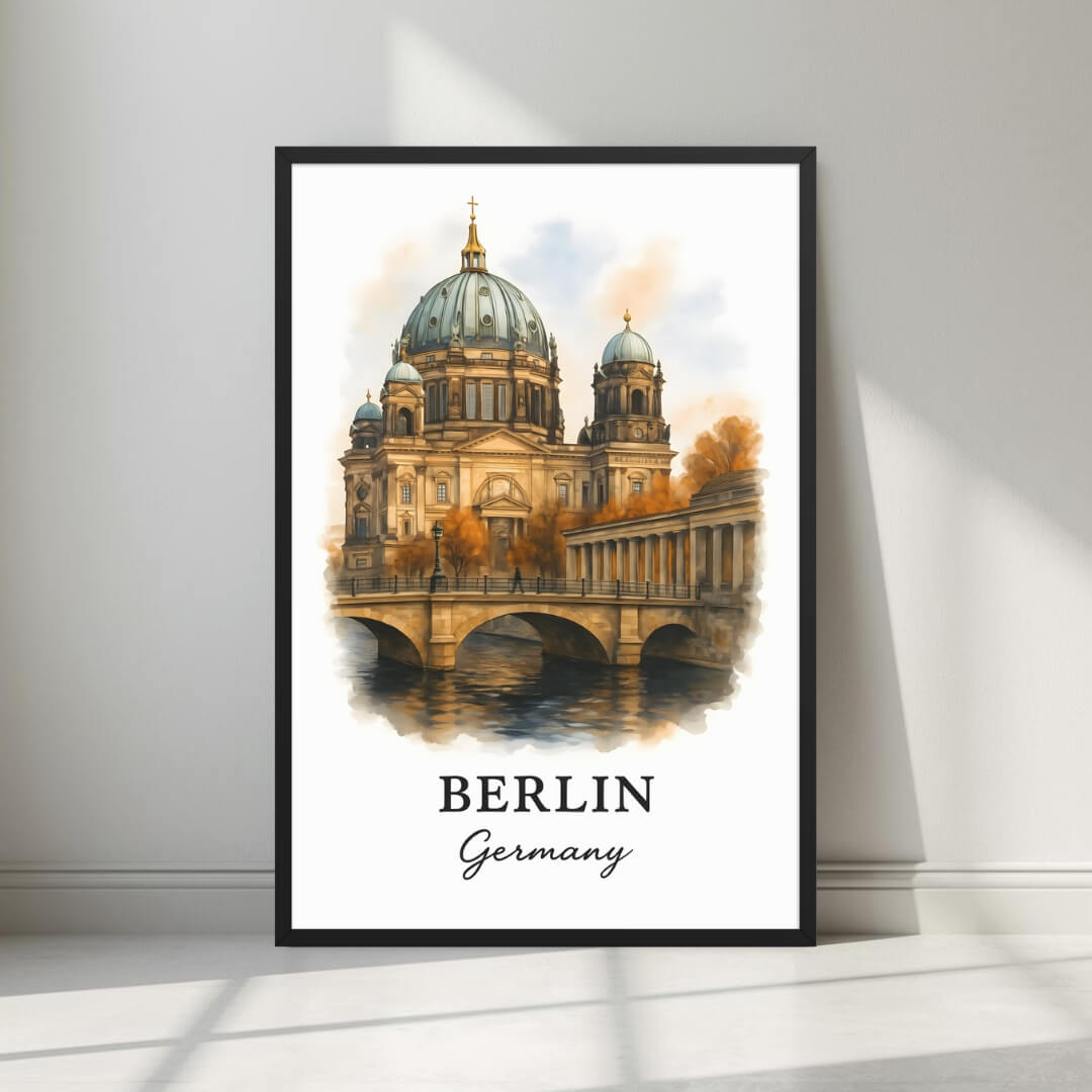 Framed art print of the majestic Berliner Dom on the River Spree in a sleek black Ayous wood frame. Ideal for luxury German or European decor.