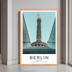 A framed urban cityscape print of Berlin, Germany, with a warm, rustic red oak frame that complements the city's historical landmarks.