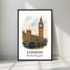Framed art print of London's iconic Big Ben (Elizabeth Tower) and the Palace of Westminster in a sleek black Ayous wood frame. Ideal for luxury British or governmental decor.