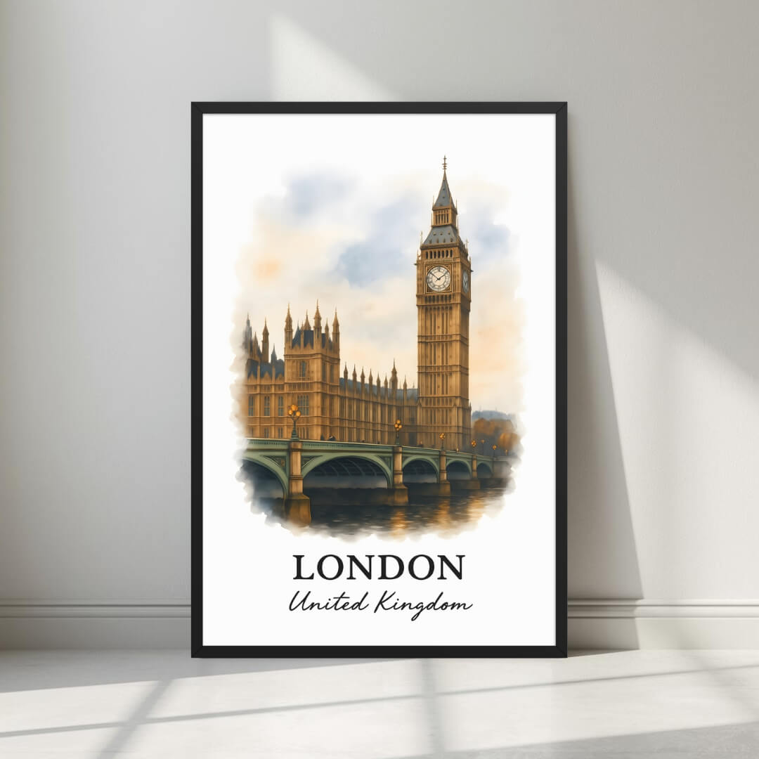 Framed art print of London's iconic Big Ben (Elizabeth Tower) and the Palace of Westminster in a sleek black Ayous wood frame. Ideal for luxury British or governmental decor.