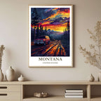 A framed art print depicting the vibrant Montana mountain landscape at sunset, styled to complement a moody and elegant interior.