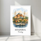 Watercolor-style print of Istanbul's iconic skyline with a ferry in a minimalist white frame. Captures the serene confluence of European and Asian culture.